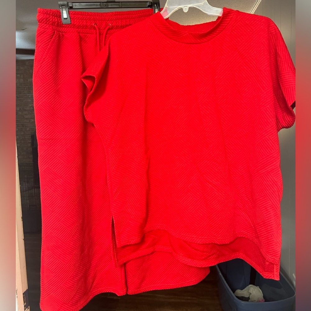 South Vibrant Red Textured Top and Pant Set